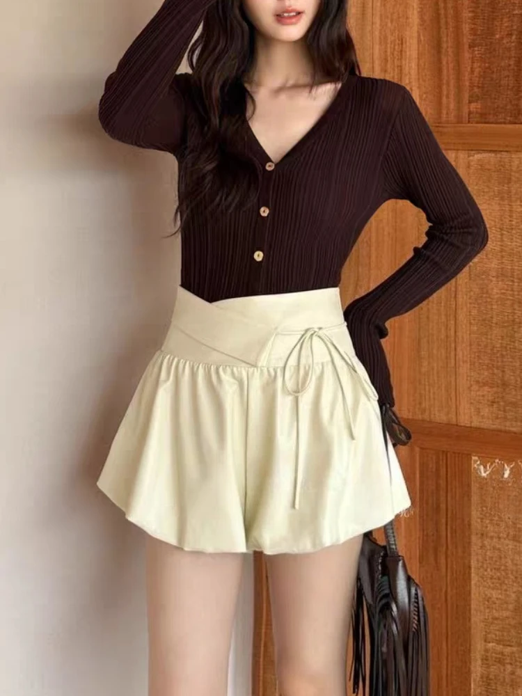 한국 스타일 스위트 보우 버블 스커트 여성 2025 가을 A라인 하이웨이스트 미니스커트 슬림 귀여운 우아한 젊은 패션 의상 트렌드