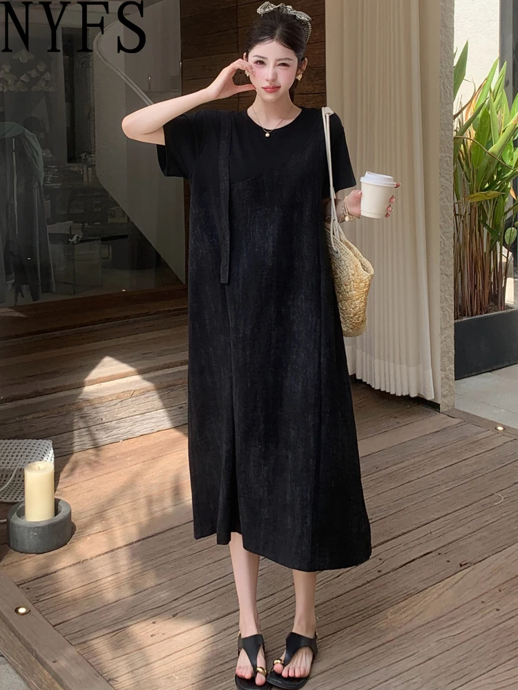 NYFS Zomerjurk 2025 Koreaanse Stijl vrouwen Losse plus Size Korte Mouw Twee vervalsingen t-shirt Lange Jurk Gewaad Elbise