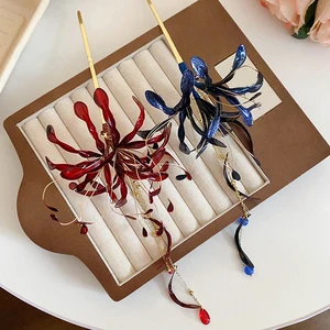 New Chinese Style Spider Lily Flower Hair Sticks For Women Dripping Oil Tassel Hairpin Vintage Hanfu Chopsticks Hair Accessories