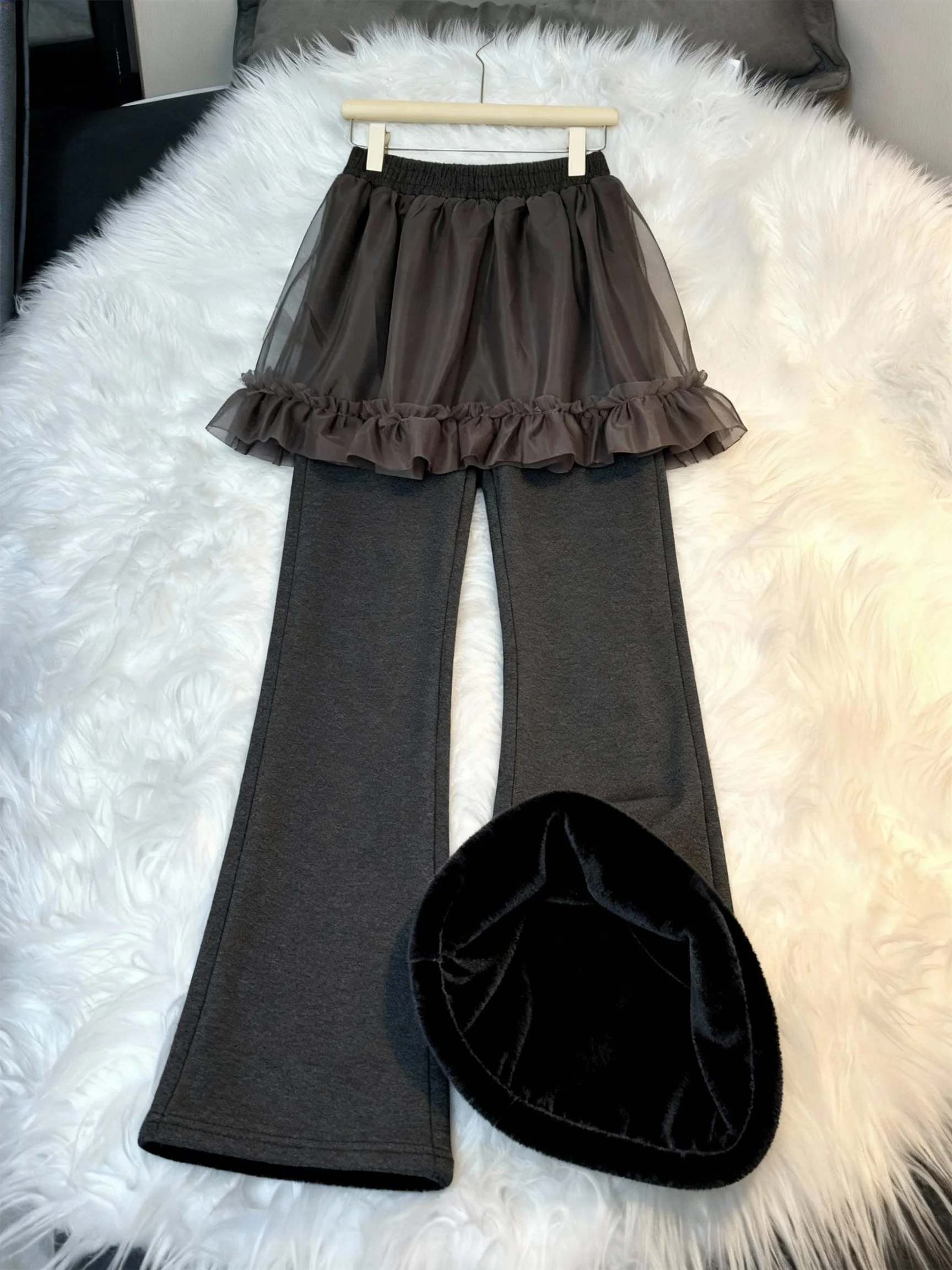 

ay Lace Trim Flared Pants Women's Autumn Winter Thiened Fce Cotton Skirt Pants Casual Floor-Length Pants