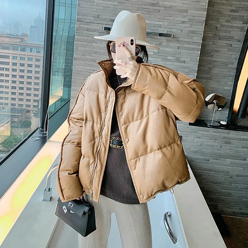 Women's Sheepskin Down Jacket with Standing Collar, White Down Coat, Relaxed Fit Outerwear, Casual Coat, Pockets, Brand, Winter