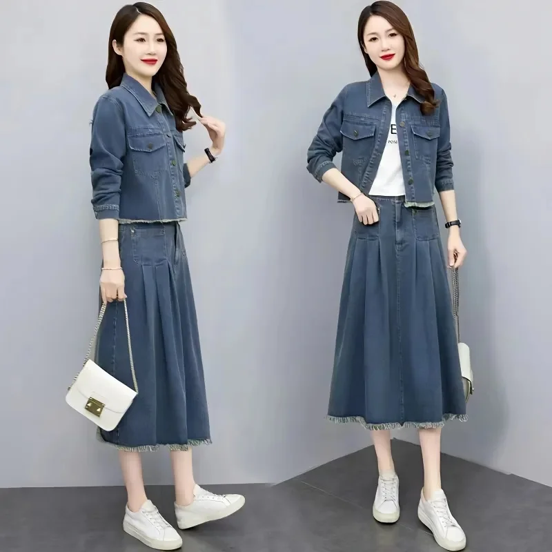 

2023 Spring and Autumn New Female Vintage Wash Brushed Fashion Jean Jacket Skirt Set Women's Casual Two-piece Set Tide