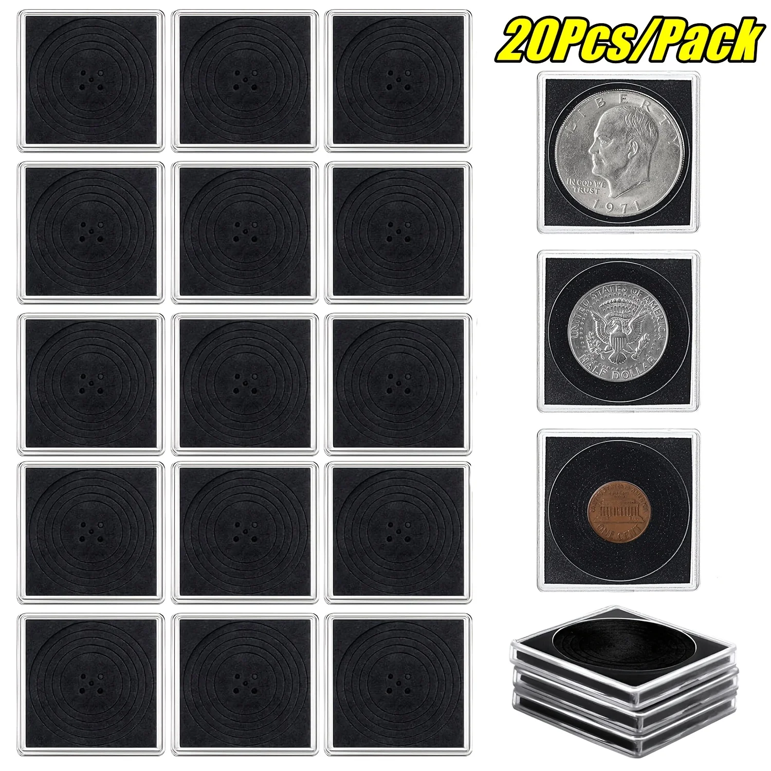 

20Pcs Adjustable Acrylic Coin Collection Cases with Sponges Coin Snap Holder Silver Dollar Protection Cases Collection Supplies