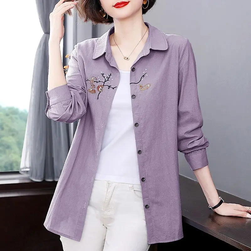 Spring Autumn New Elegant Fashion Long Sleeve Shirt Women High Street Loose Casual Cardigan Embroidered Pure Cotton Blouses Tops