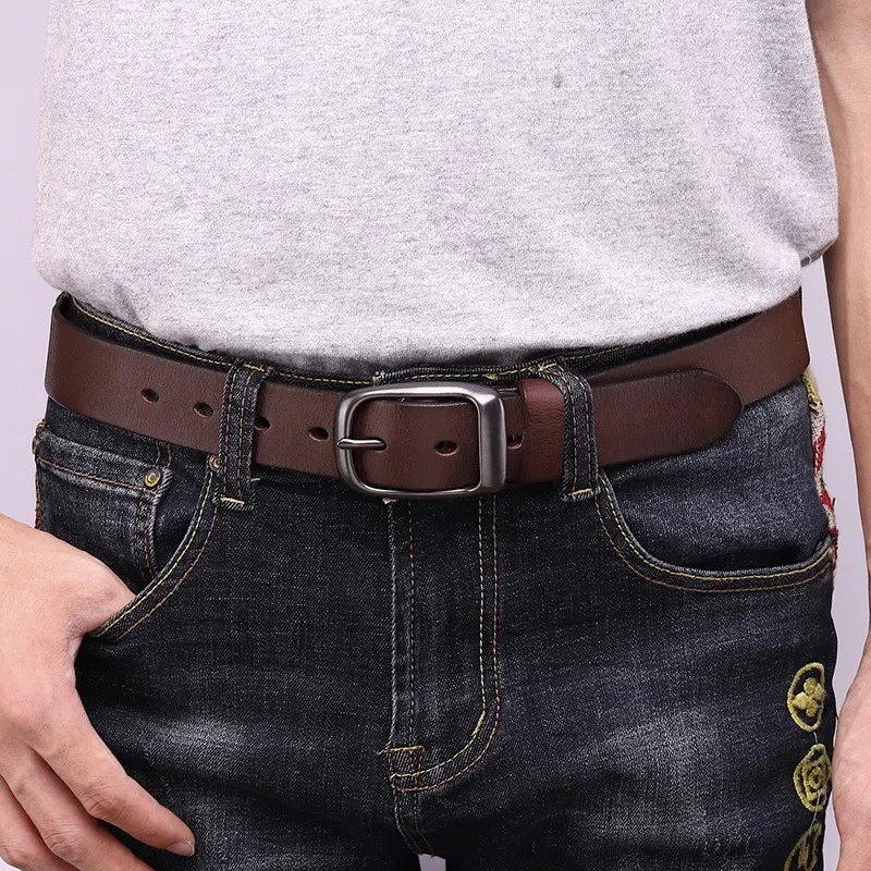 3.3CM Pure Cowhide Genuine Leather for Men\'s High Quality Jeans Brass Buckle Belts Cowboy Waistband Male Fashion Designer