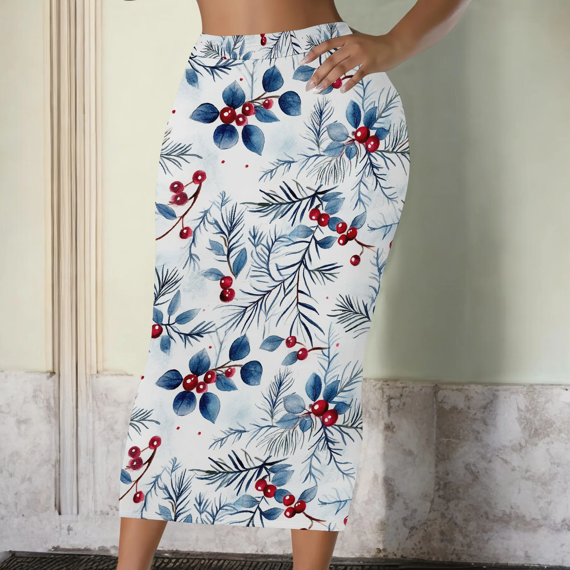 Floral Print Pencil Skirt, Red Berry Leaf Pattern Midi Skirt, High Waist Bodycon Skirt for Women Office Party Wear S-2XL