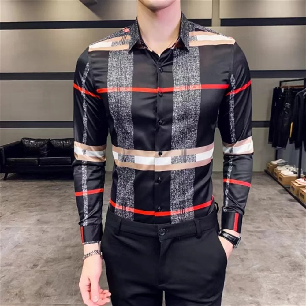 2024 spring new long sleeve slim shirt for men Europe and America men casual large plaid printed long sleeve shirt
