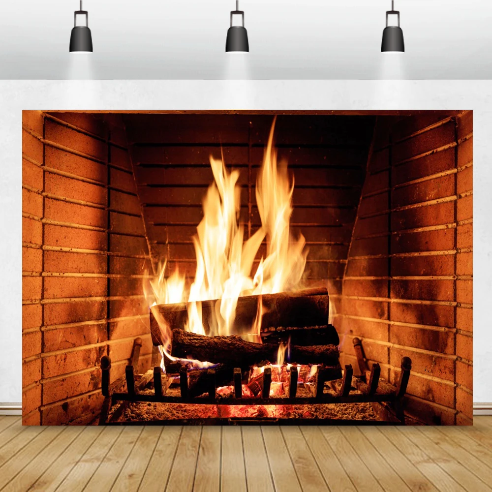 Fire Photo Backdrop Fireplace Burning Firewood Home Decor Poster Christmas Brick Wall Photography Background For Photo Studio