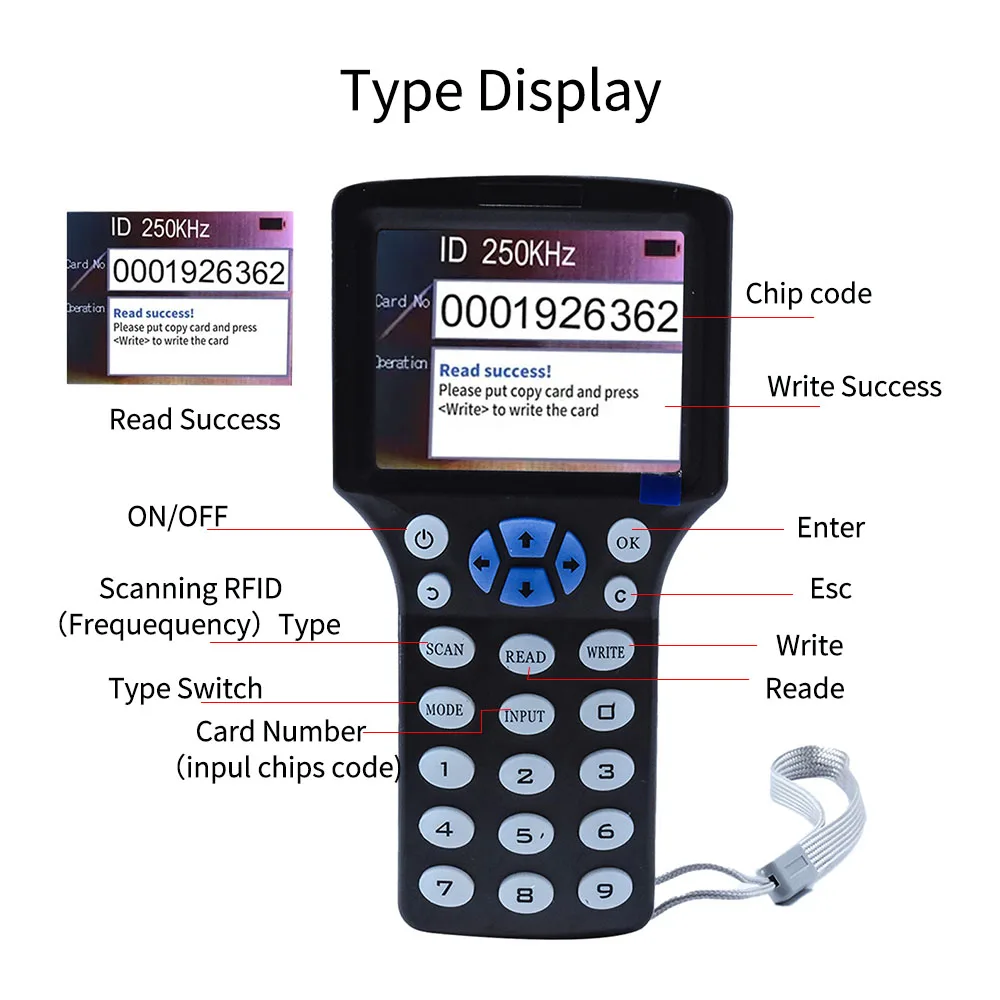 Handheld 10 Frequency RFID NFC Reader Writer 125KHz 13.56MHz Smart Card Programmer USB Contactless Card Encoder with Display view 6