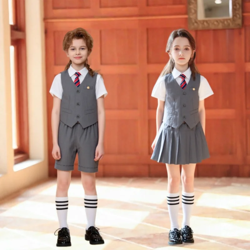 Boys Girls Summer 3Pieces School Uniform With Vest Shorts/Skirt Tie Children's Piano Host Speech Chorus Performance Costume
