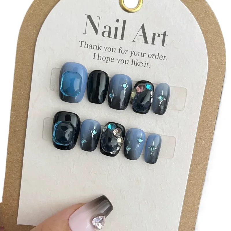 

*New black and blue gradually wear nail, advanced sense short student sweet and cool temperament handmade nail art