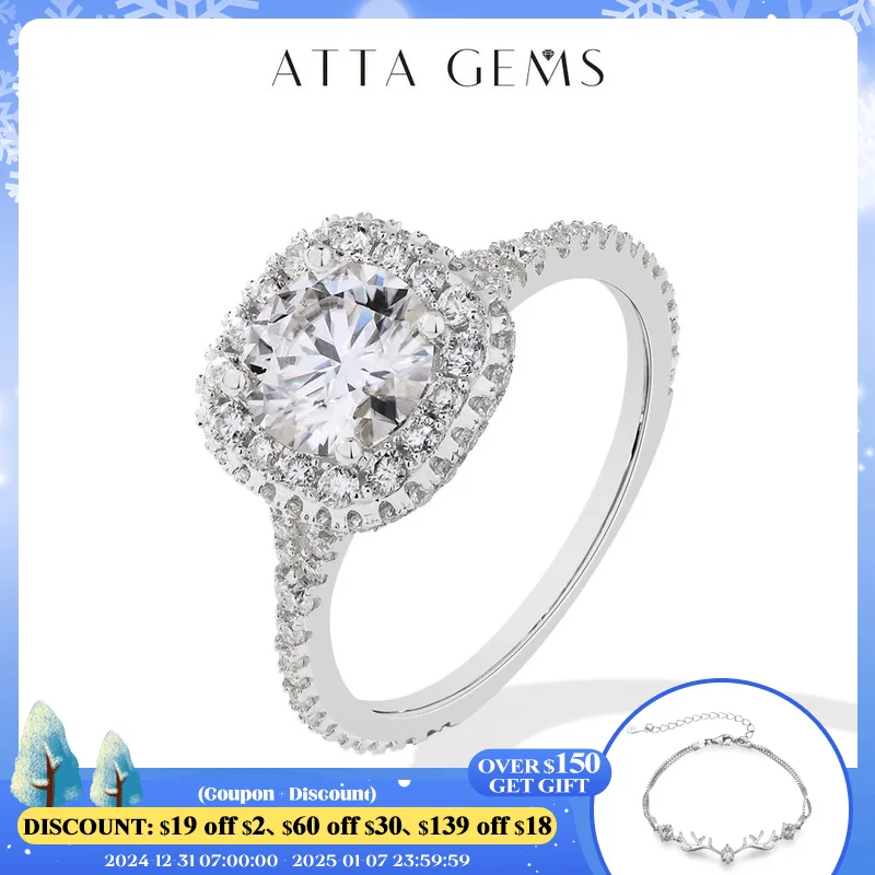 

ATTAGEMS 7.0mm Round Cut Moissanite Ring for Women D VVS1 1.2CT Lab Diamond S925 Sterling Silver Engagement Wedding Jewelry Gift