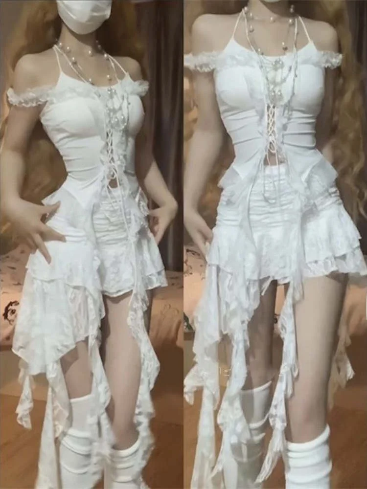 Summer Pure Desire Lace Splice Neck Hanging Strap Women's High Waist Irregular Half Skirt Sexy Two-Piece Set Fashionable Ense...