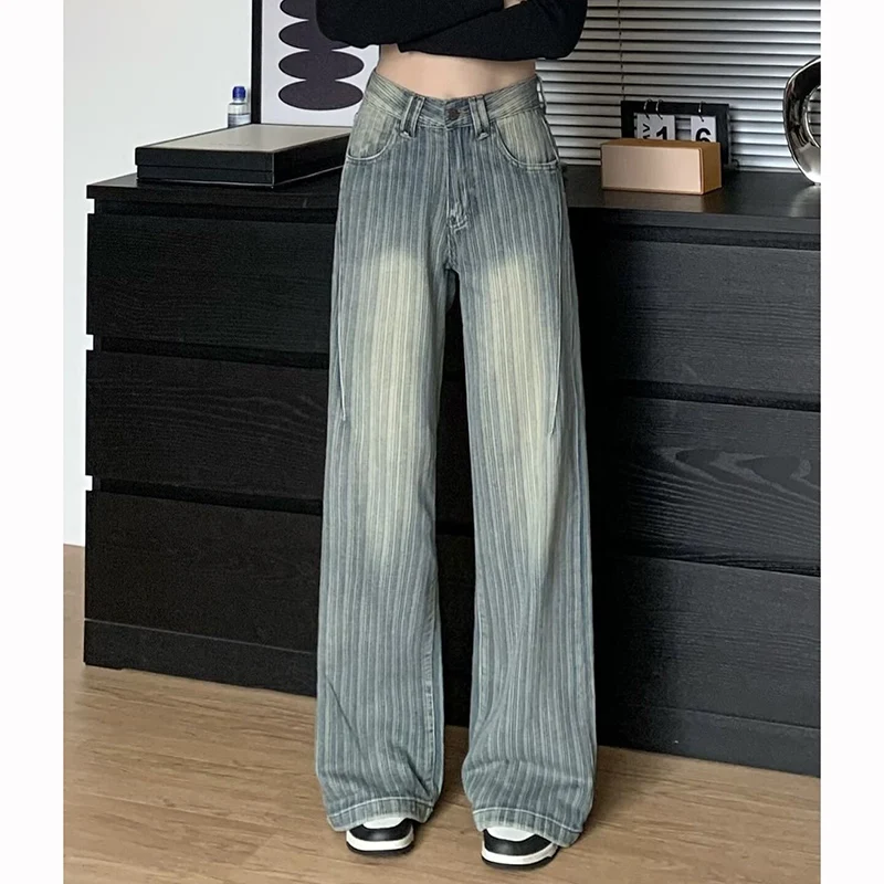 2025 Girls Striped Designer Wide Leg Jeans Female Chic Retro High Waist Denim Trousers Lady Baggy Thin Casual Pants