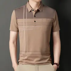 Shirt for Men Short Sleeve Summer Turn-down Collar Striped Printing Pockets Button Polo Tee Fashion Comfort Casual Vintage Tops