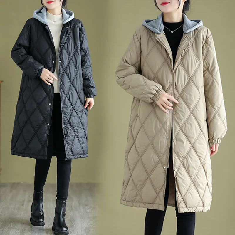 

2024 Winter Loose Style Hooded Quilted Long Coat Windproof Outerwear Women's Jacket Cotton Warm Parka Rhombic lattice Top Female