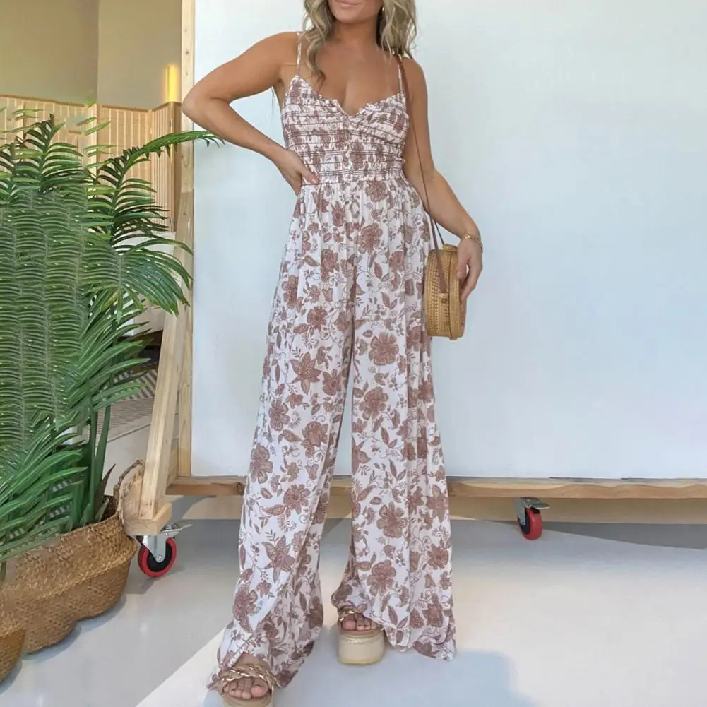 

Women Wide-leg Jumpsuit Loose Fit Jumpsuit Floral Print V Neck Jumpsuit for Women Wide Leg Romper with Elastic Waist for Summer