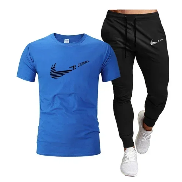 เสื้อยืดผ้าฝ้ายแท้สำหรับผู้ชายเล่นกีฬาฤดูร้อนปี 2025 + กางเกงขายาวบาง ชุด 2 ชิ้น ระบายอากาศและแห้งเร็ว