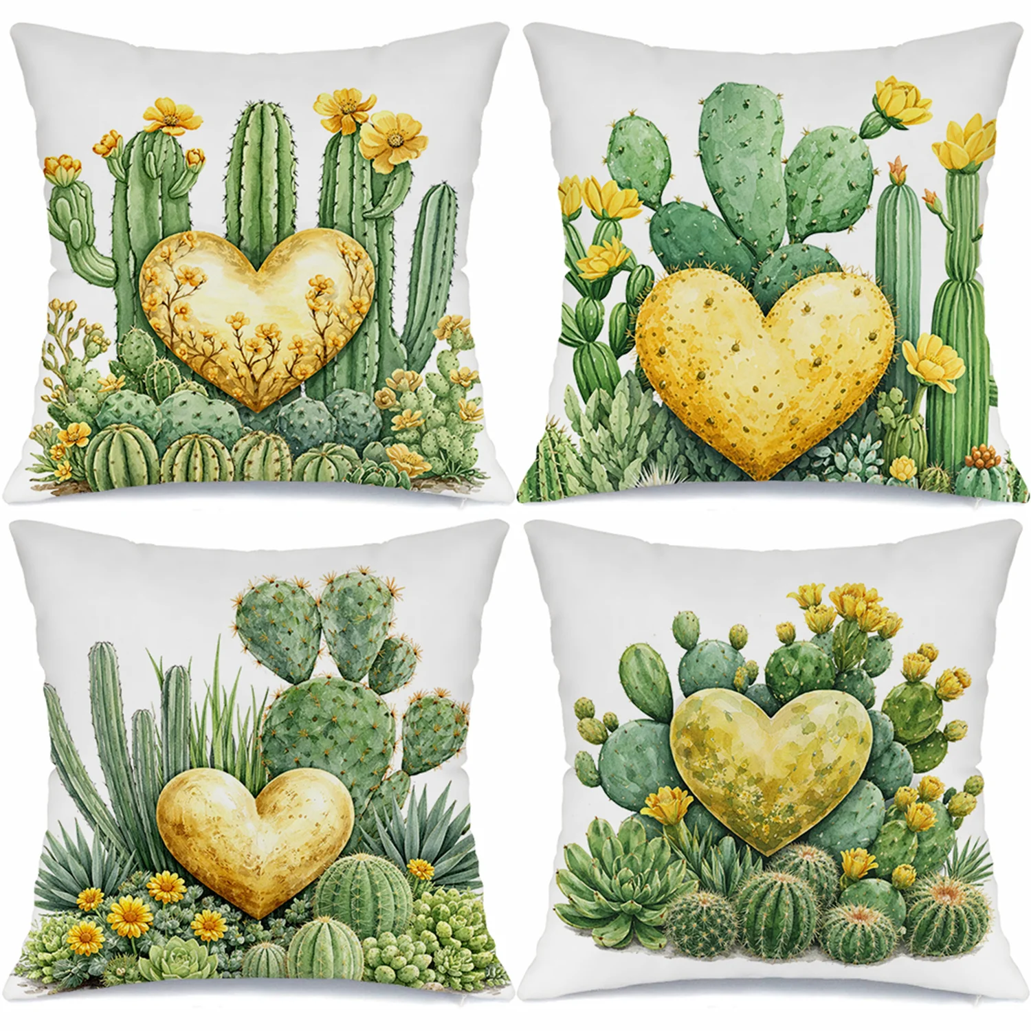Golden Heart Cactus Pillow Covers, Watercolor Desert Succulent Art Decorative Throw Pillow Cases, Boho Southwestern Home Decor
