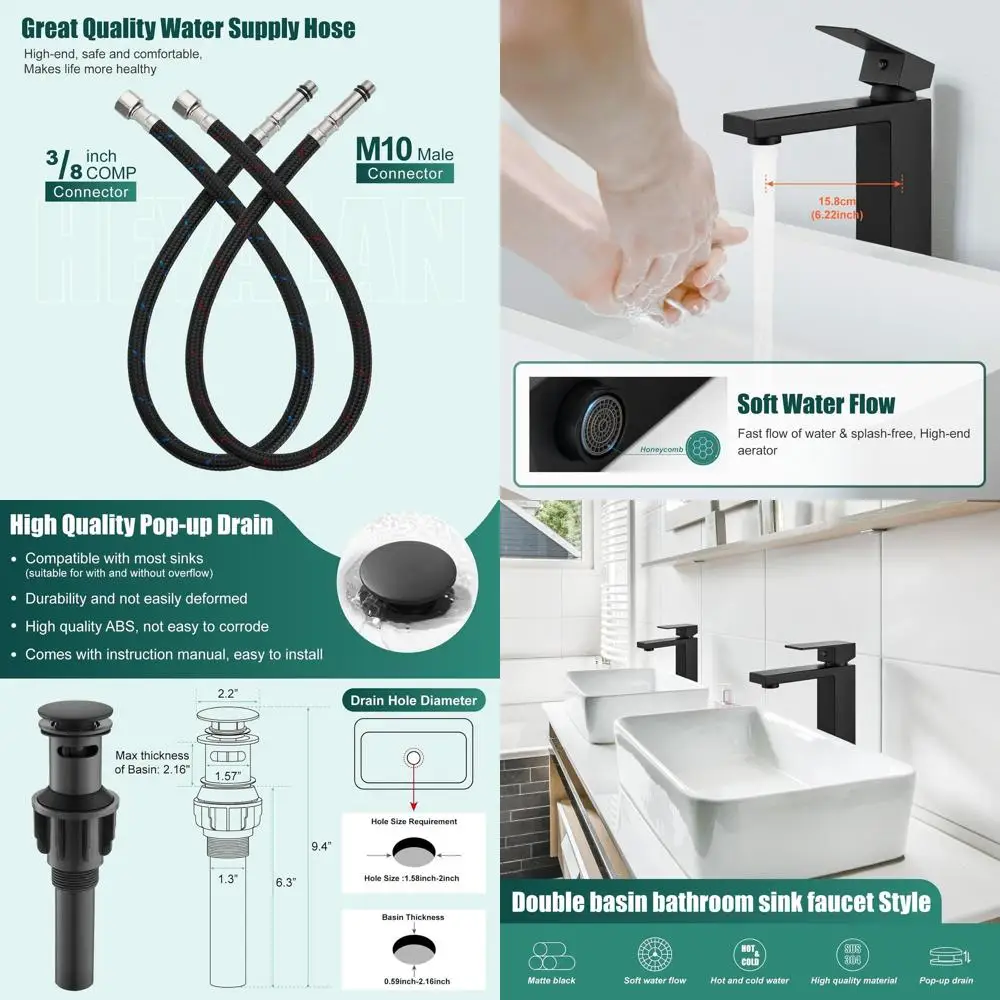 

Single Handle Matte Black Tall Basin Mixer Tap with Drain, SUS304 Stainless Steel