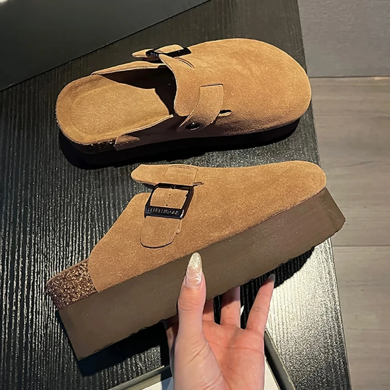 2024 Women\'s Suede Mules Slippers Platform Flats Boston Clogs Sandals Fashion Outdoor Slip On Beach Sandalias