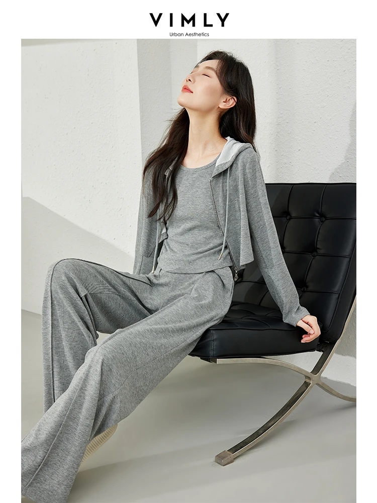 Vimly Three Piece Set Sweatsuits for Women 2024 Spring Hooded Jacket Tank Top Wide Leg Pant Sport Suits Hoodies Tracksuit M6007