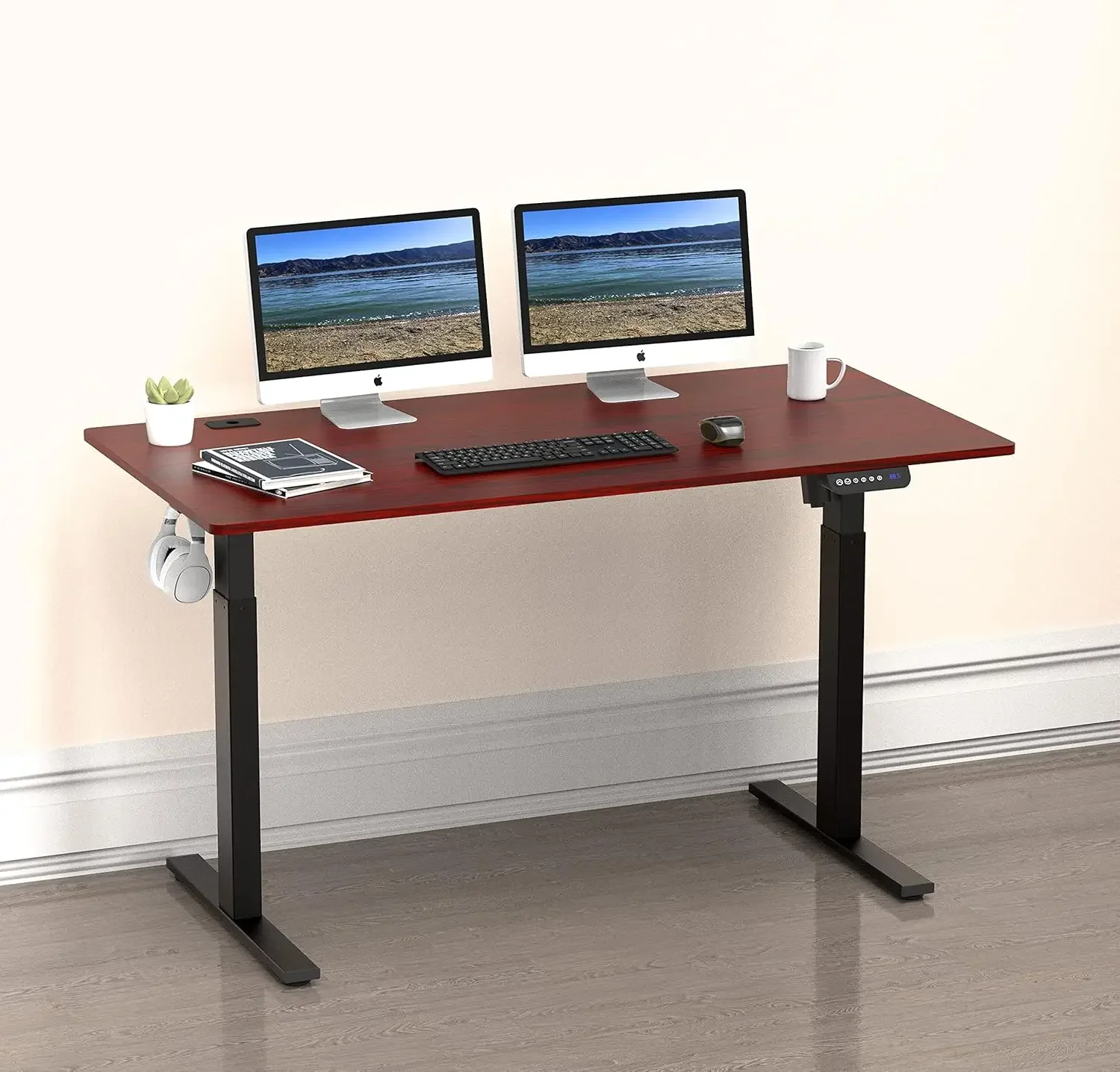 SHW 55-Inch Large Electric Height Adjustable Standing Desk, 55 x 28 Inches, Cherry