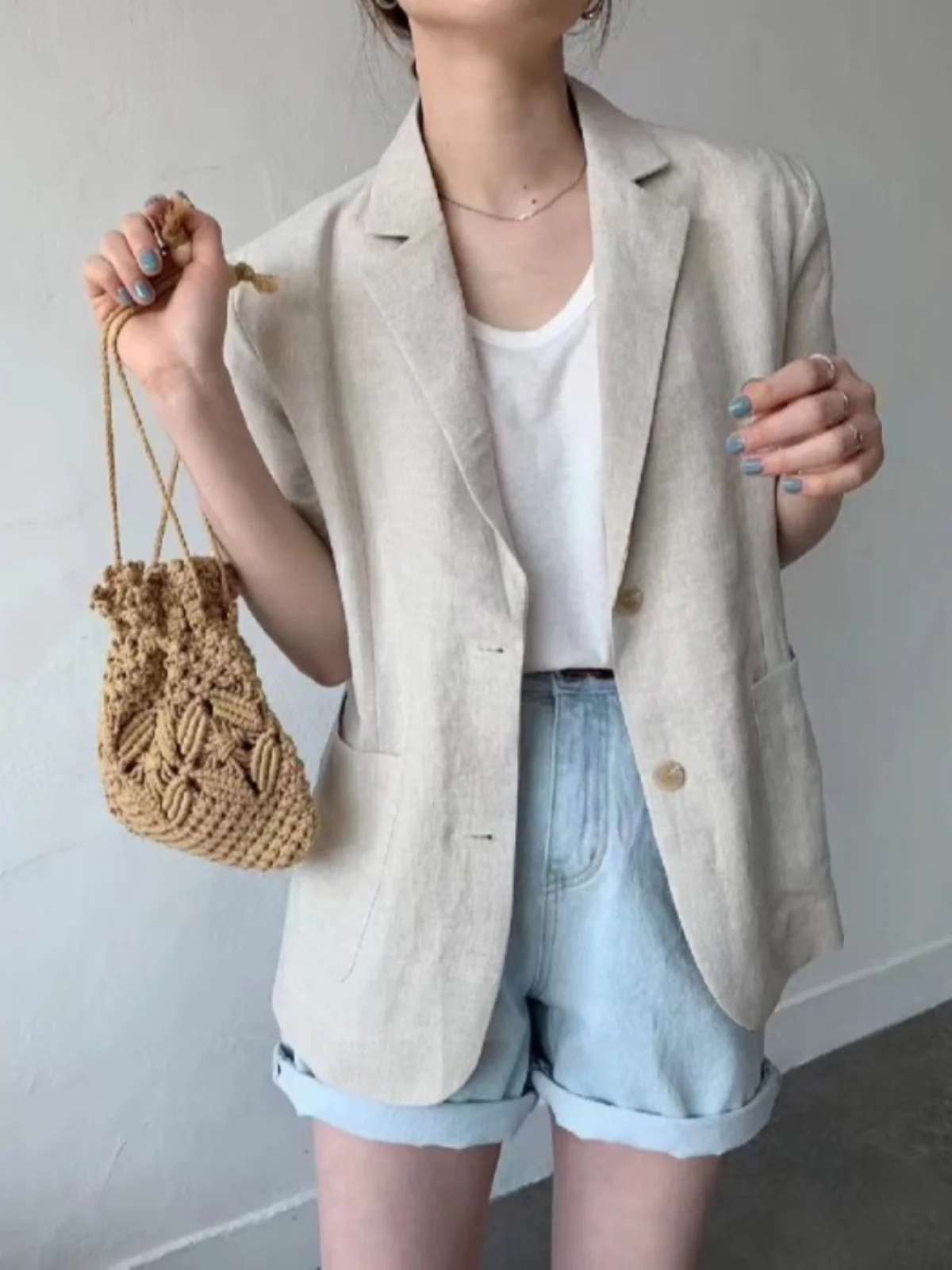 

Summer 2026 Women's Cotton Linen Casual Short Sleeve Thin Outerwear Korean Style Loose Fit Short Coat Single Button Pure Color