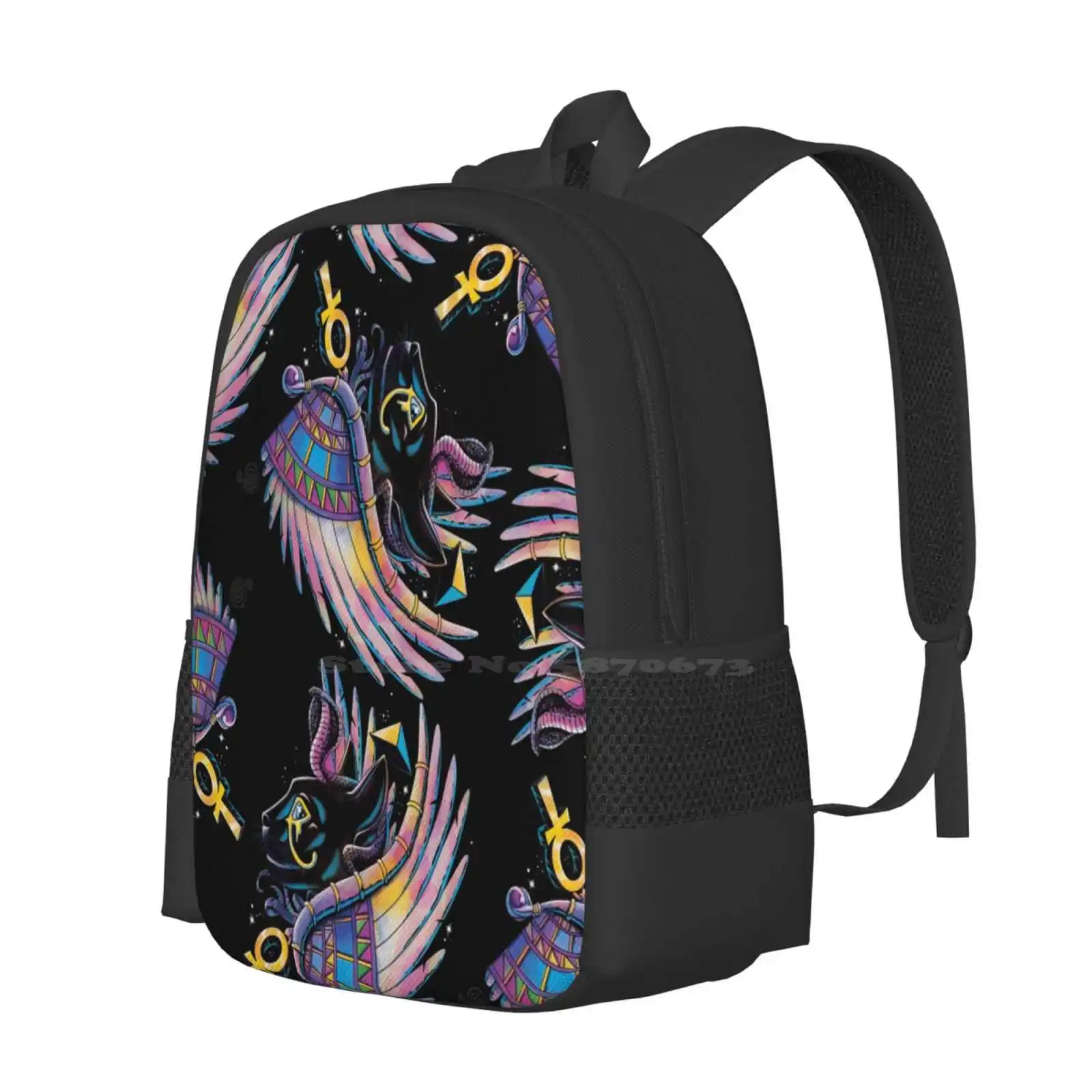 Pharaoh Cat Hot Sale Backpack Fashion Bags Kitten Black Cat Egyptian Ancient Pyramid Ankh Wings Color Rainbow Snake Serpent