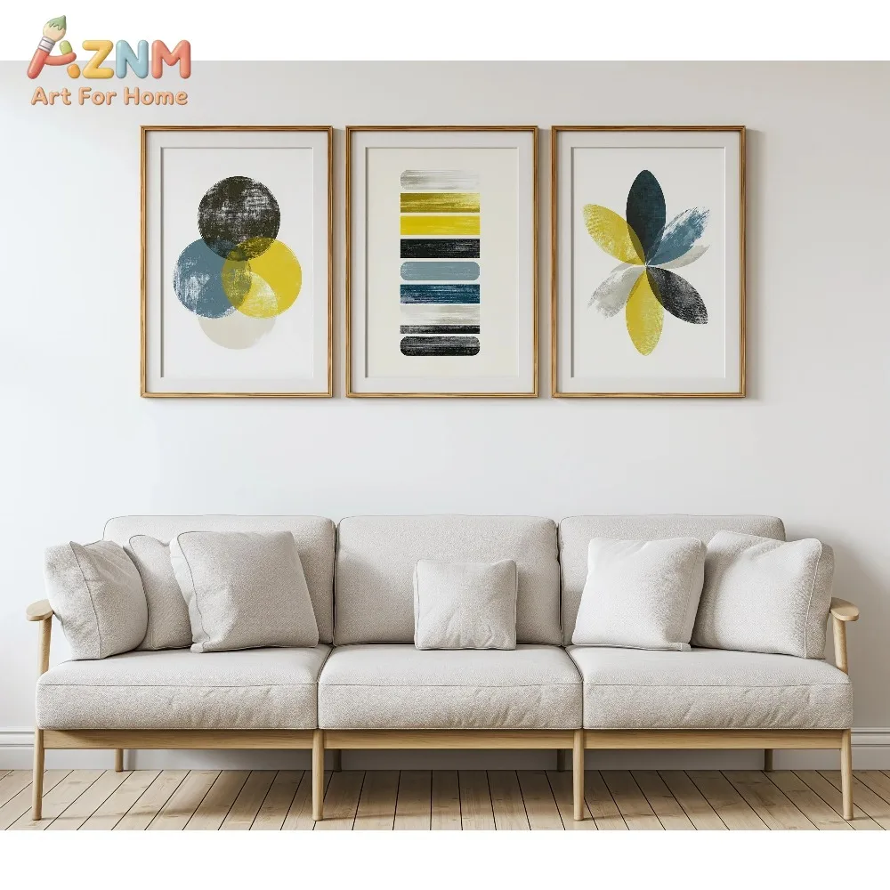 AZNM Mid Century Abstract Geometric Canvas Wall Art, Modern Color Block Circle Leaf Print Frameless Canvas Painting, Minimalist