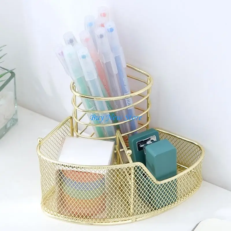 

20CE Exquisite Rose Gold Mesh Pen Holder Triangle-shaped Metal Stationery Storage Holder 3 Compartment for Office Home School