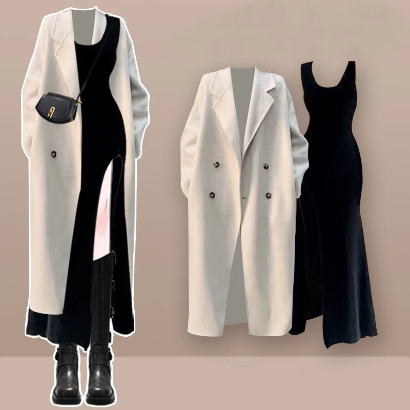 

Women's Autumn Winter Double Breasted Solid Long Woolen Coats Black Slim Split Dress Two Piece Suits Lady Jacket Dresses Outfits