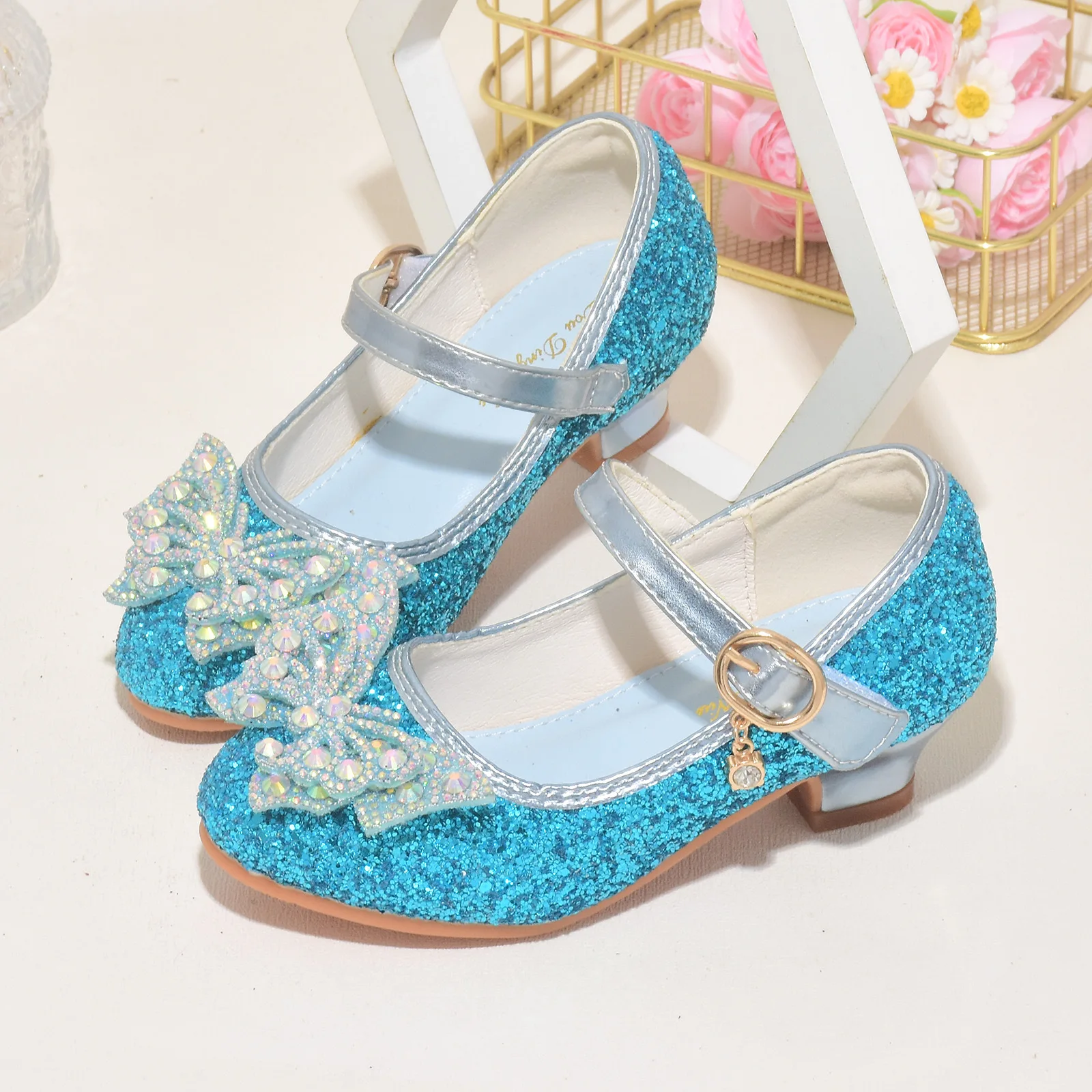 Princess Crystal Silver High Heels Children Performance Shoes Elementary School Girls Dance Show Shoes Anti-slip Rubber Sandals
