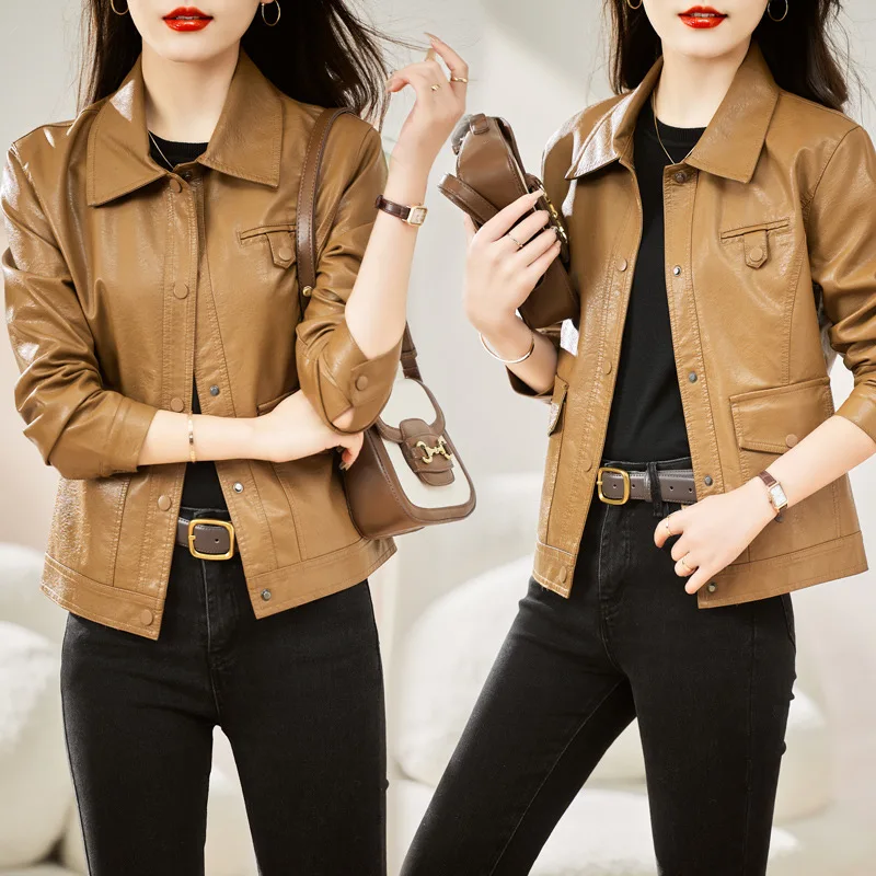 Leather jacket women's short style 2024 spring and autumn season new small figure lapel single breasted sheep leather jacket top