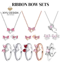925 Sterling Silver Red Heart-shaped Ring Earrings Necklace Charm Sparkling Women's Jewelry Gift Fashion Light Luxury Making