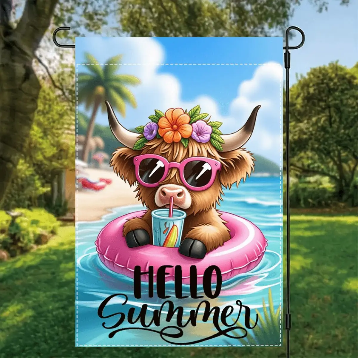Hello Summer Highland Cow Garden Flag 12 x 18 inch Double Sided Outside Decorations,Beach Floral Cow Small Garden Flags For  SSL