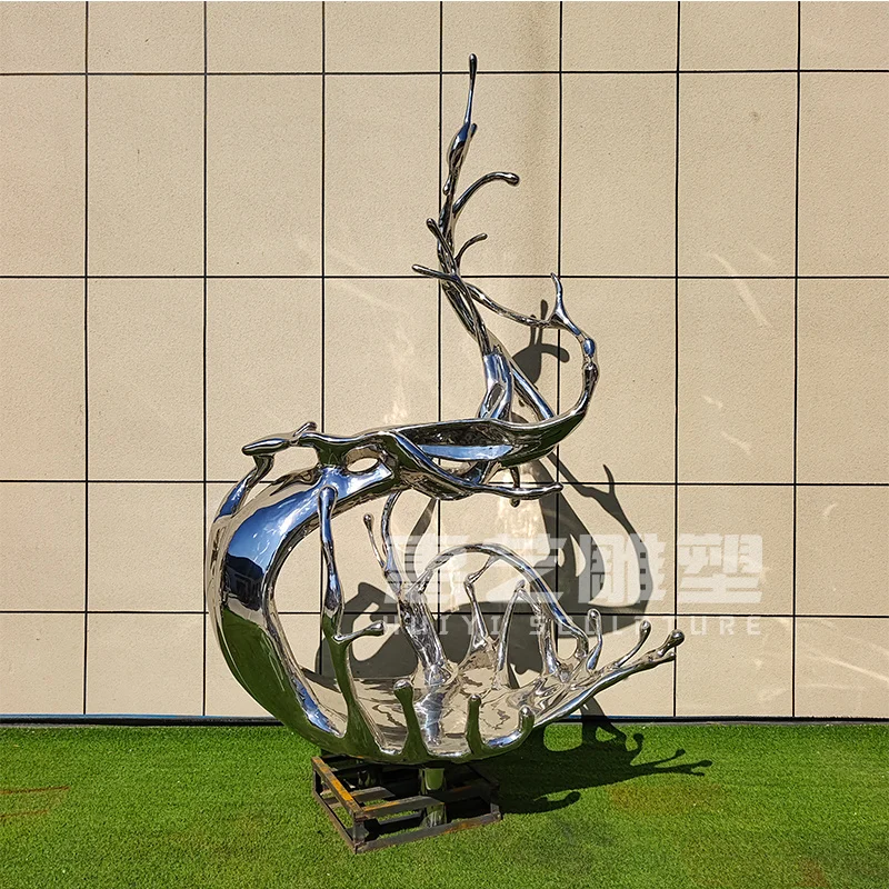 Custom Stainless Steel Wave Sculpture Custom Outdoor Real Estate Mirror Drop Abstract Hotel Ripple Floor Ornament