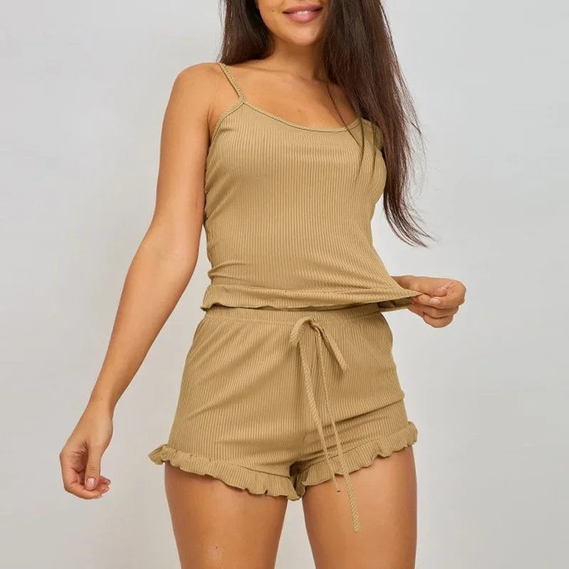 여성용 파자마 멜빵 반바지 투피스 캔디 컬러 스트라이프 단색 스트라이프 잠옷 홈웨어 섹시한 나이트웨어 여성용