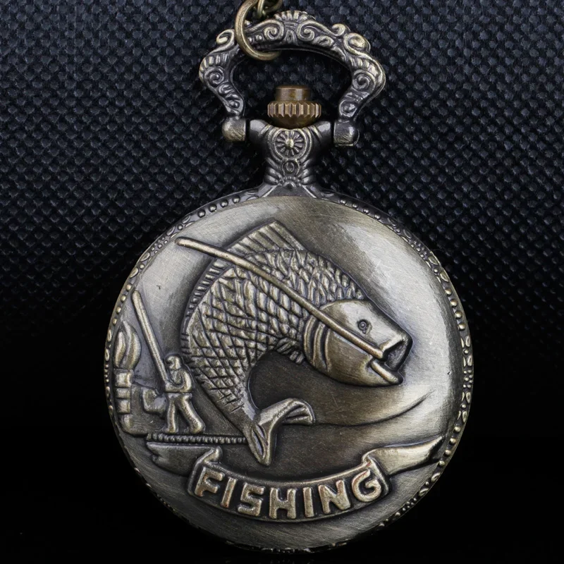 Fishing Scene Carved Quartz Pocket Watch With Chain Practical Clock Pendant Fishing Lover Gift Fob