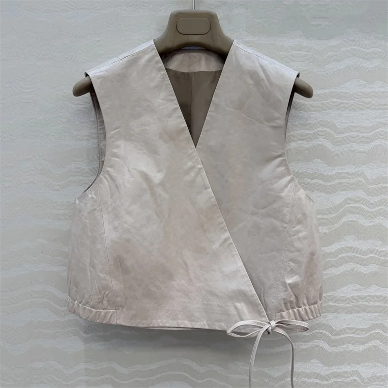 

Women's leather jacket New high-quality sheepskin sleeveless top for spring 2026 Lace up slim fit V-neck women's vest y2k coat