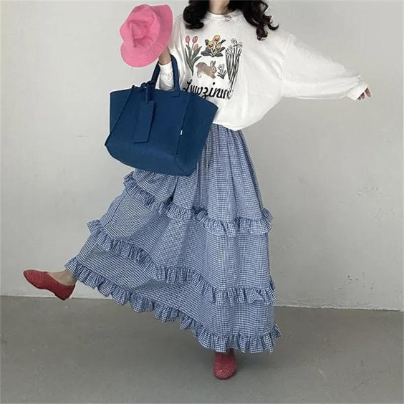 Korean Fashion Vintage Blue Plaid Multilayer Ruffles Maxi Cake Skirt High Waist A-line Loose Casual Pleated Long Skirt for Women