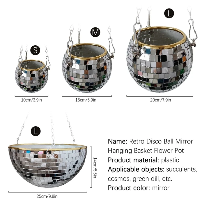 Disco Ball Planter Shape Hanging Vase Flower Planter Pots With Drainage Mirror Hanging Basket Room Garden Decoration