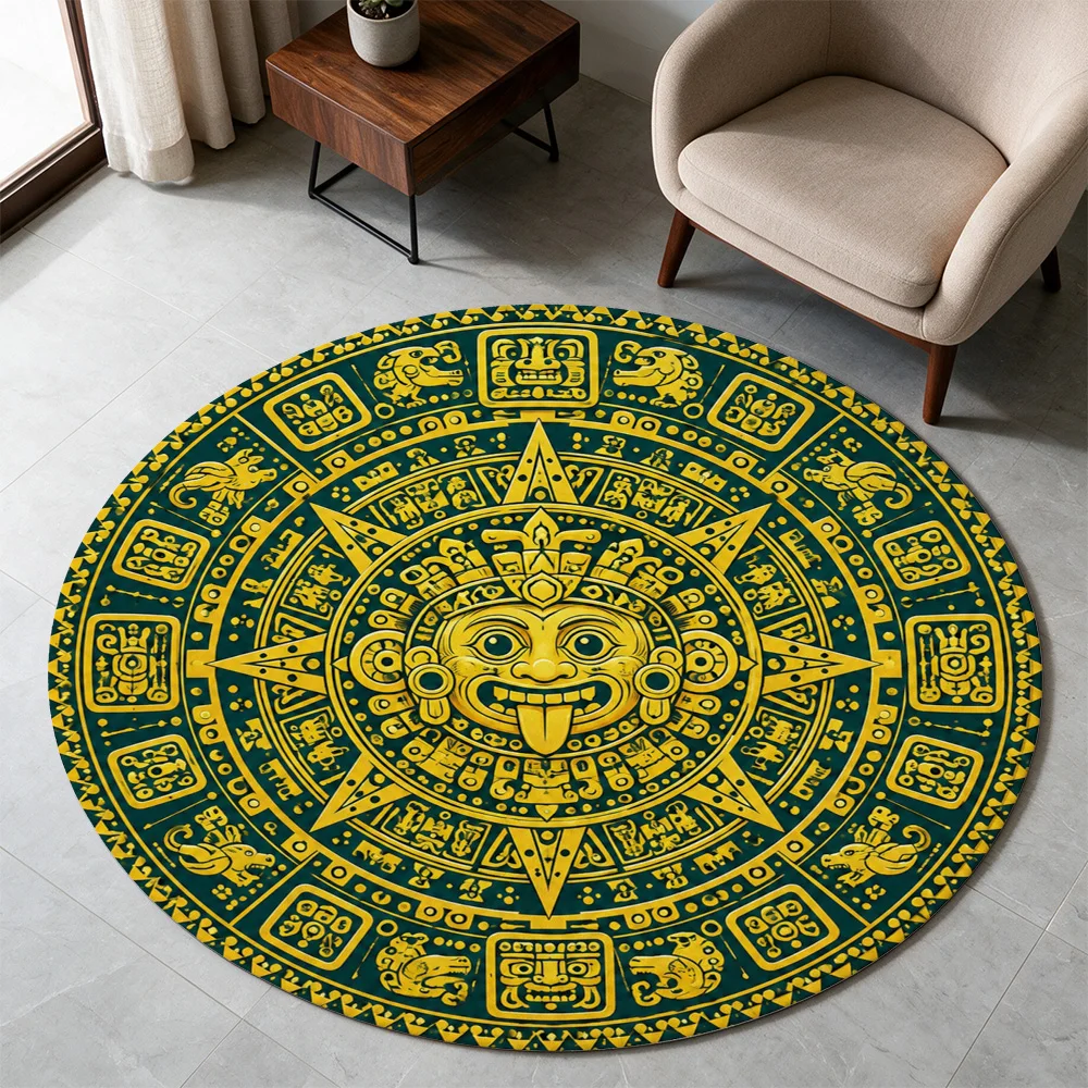 Vibrant Aztec Sun God Mandala Round Area Rug Bohemian Tribal Geometric Floor Mat for Living Room Decor