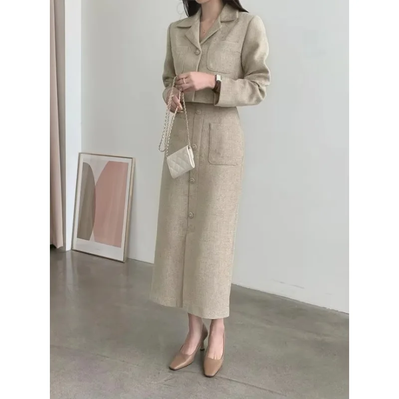 UNXX Tweed Kurze Blazer Mantel Eingewickelt Hüfte Halbrock Anzüge Vintage Solide Einreiher Wollmäntel Zweiteilige Sets Damen