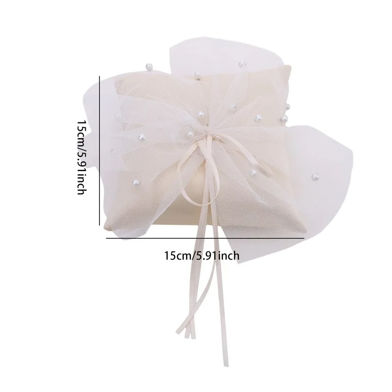 15x15cm European Romantic Bridal Wedding Ring Pillow Double Heart White Blue Handmade Ribbon Cushion Decor for Wedding Ceremony
