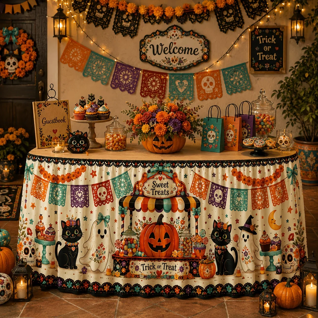 A tablecloth table skirt for Halloween 