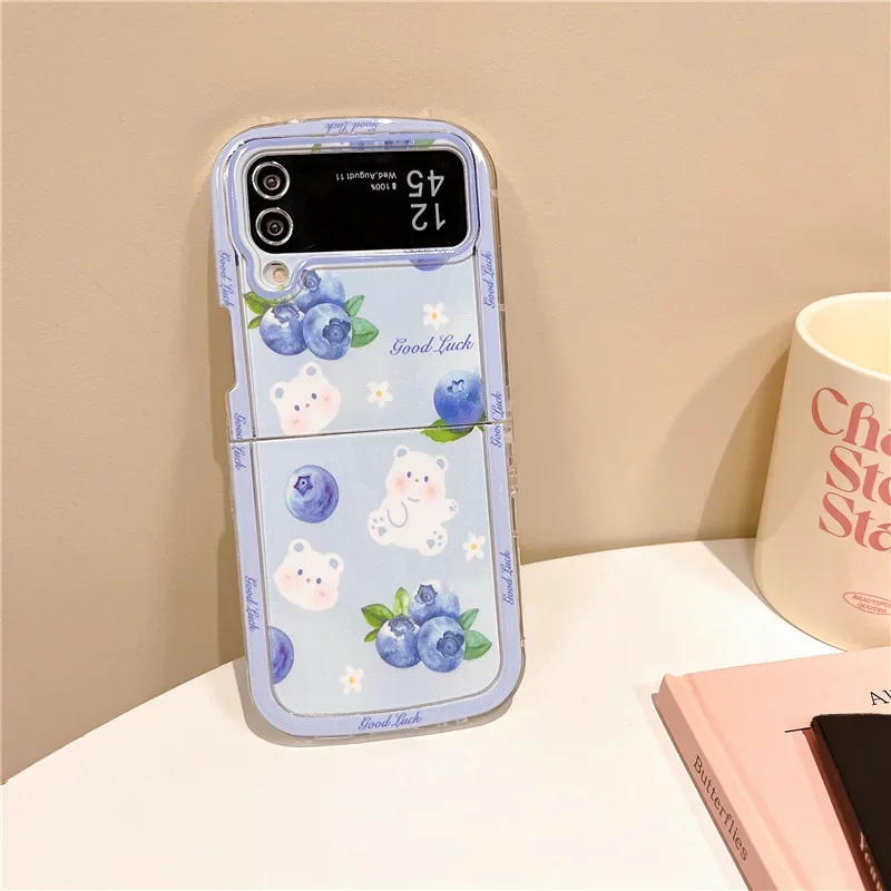 Cute Blueberry Lemon Rabbit Bear Phone Case for Samsung Galaxy ZFlip6 4 3 Hard Cover for ZFlip5 Flip3 Flip4 Solid Shell Bracket