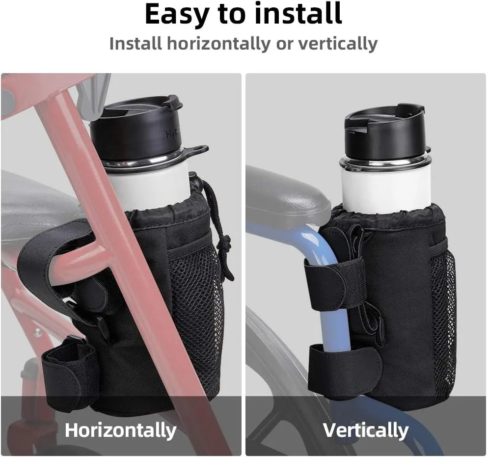 Cup Holder for Wheelchair Walker Rollator Drink Holder with Mesh Pocket 7 Inch Water Bottle Holder for Bike Scooter Bicycle UTV