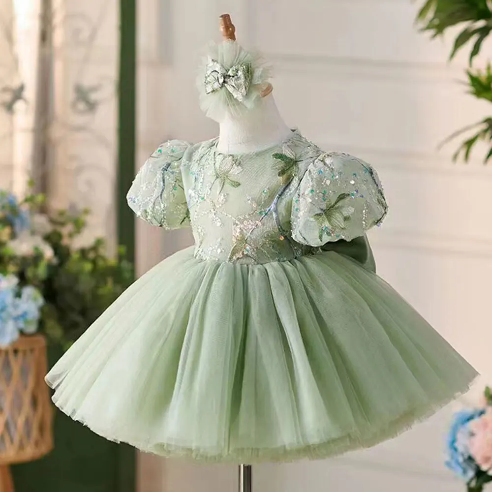 Jill Wish Elegant Sage Green Arab Girl Dress Sequined Dubai Kids Princess Birthday Wedding Party Children Holiday Gown 2024 J264