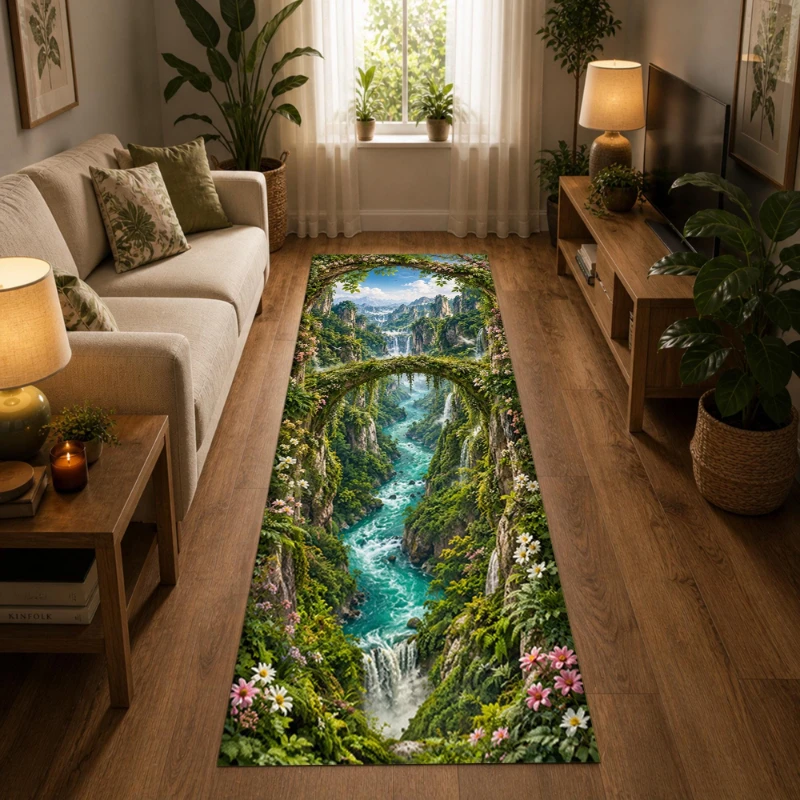 Mountain Waterfall Green Valley Landscape print Runner Rug,Corridor,Kitchen,Terrace,Washable Runner Rug,Unique Decor Gift